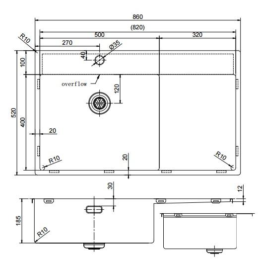 Pure.Sink Exclusivo Χρυσή νεροχύτη με στραγγιστήρα 86x52 εκ. Tapwing αριστερά PEX5086LT-60