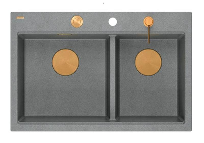 Quadri Hard Rock Διπλό Γκρί Γρανίτης Επιφανειακή Νεροχύτη 76x50 εκ. με Χάλκινη Πρίζα και Αξεσουάρ 1208971389