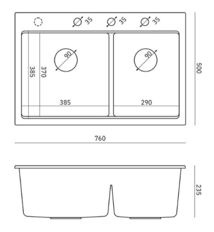 Quadri Hard Rock Διπλό Μαύρο Γρανίτης Επιφάνειας Νεροχύτης 76x50 εκ με Χάλκινη Πρίζα και Αξεσουάρ 1208971390