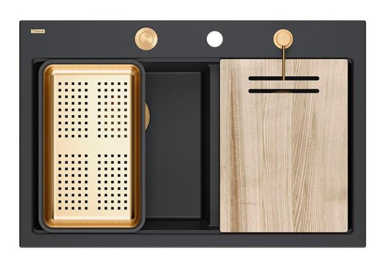 Quadri Hard Rock Διπλό Μαύρο Γρανίτης Επιφάνειας Νεροχύτης 76x50 εκ με Χάλκινη Πρίζα και Αξεσουάρ 1208971390