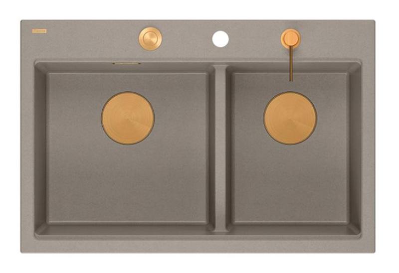 Quadri Hard Rock Διπλό Ταπε Taupe Γρανίτης Επιφάνειας Νεροχύτης 76x50 εκ. με Χάλκινη βύσμα και αξεσουάρ 1208971391