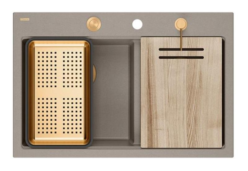 Quadri Hard Rock Διπλό Ταπε Taupe Γρανίτης Επιφάνειας Νεροχύτης 76x50 εκ. με Χάλκινη βύσμα και αξεσουάρ 1208971391