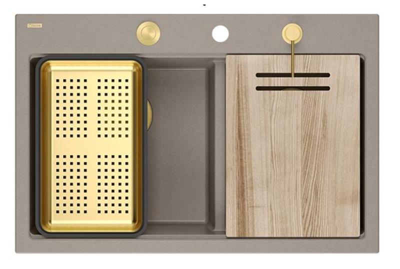 Quadri Hard Rock Διπλό Τοπ Taupe Γρανίτης Επιφάνειας Νεροχύτης 76x50 εκ. με Χρυσή Πρίζα και Αξεσουάρ 1208971396