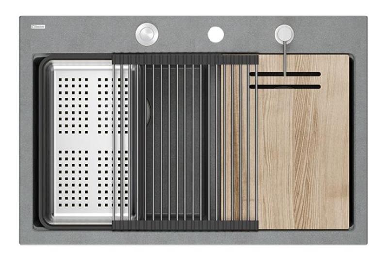 Quadri Hard Rock Διπλό Γκρί Γρανίτης Επιφανειακό Νεροχύτη 76x50 εκ. με ανοξείδωτο βύσμα και αξεσουάρ 1208971400