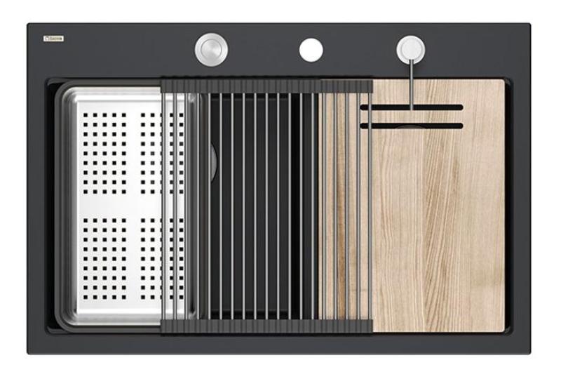 Quadri Hard Rock Διπλό Μαύρο Γρανίτης Επιφανειακή Νεροχύτης 76x50 εκ. με ανοξείδωτο βύσμα και αξεσουάρ 1208971401