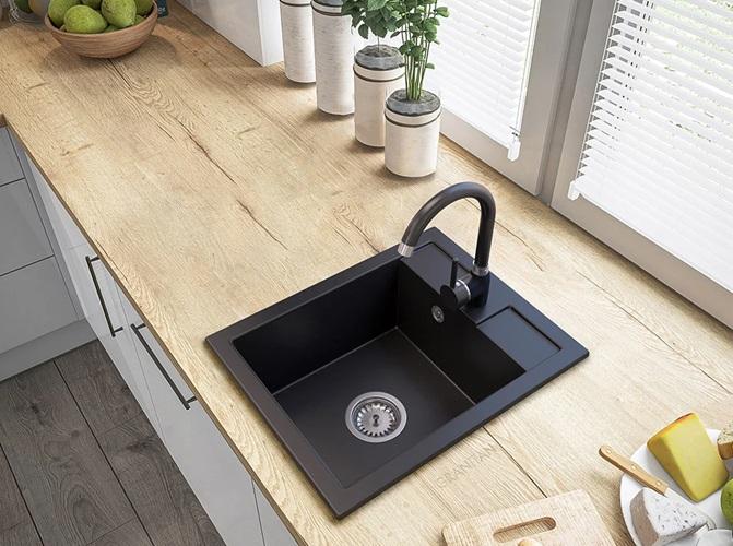 Graniteland Prest Γρανίτης μαύρος νεροχύτης Tapwing με τρύπα για βρύση επιφάνειας 400x500mm με βύσμα από ανοξείδωτο χάλυβα 1208971421
