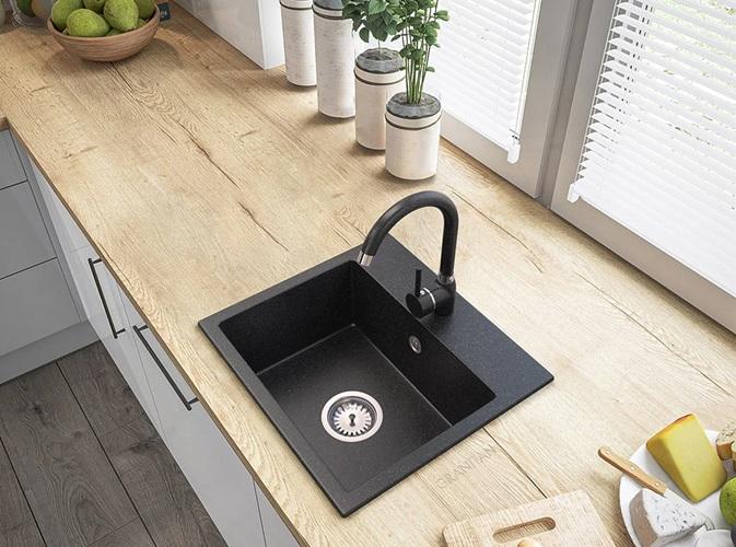 Graniteland Nera Γρανίτης Νεροχύτης 45x42 εκ Αρδουίνος εμφάνιση λίθου Επιφάνειας με Τρύπα Κρουνού και Πρίζα RVS 1208971432