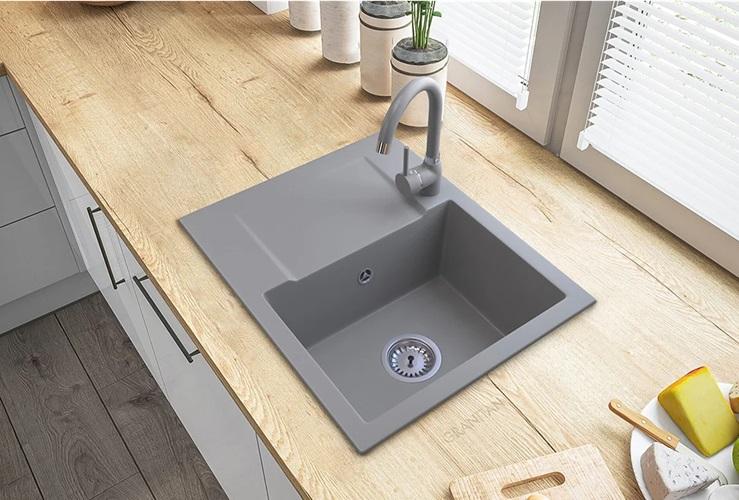 Graniteland Nera Γρανίτης Νεροχύτης 45x42 cm Γκρί Επιφάνεια με Τρύπα Βρύσης και Πρίζα RVS 1208971436