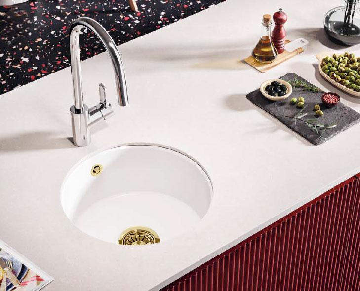 Ausmann Ceramic Ember Κεραμικό Λευκό Στρογγυλό Νεροχύτη Επιφάνειας και Υποκατασκευής με Χρυσή Πρίζα 1208971461