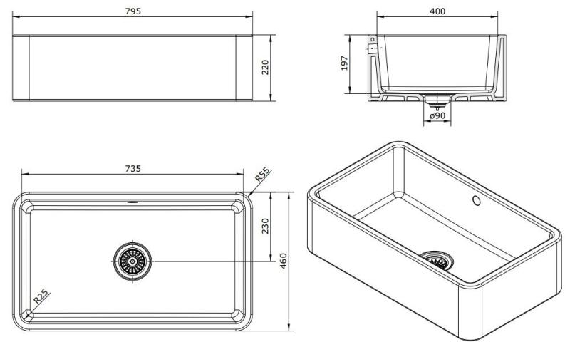 Ausmann Ceramic Mira Κεραμικό Λευκό Νεροχύτη - Υποδομή και Ενδιάμεση Δόμηση 795 x 460 mm με Χάλκινη Πρίζα 1208971467