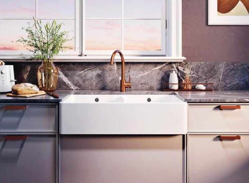 Ausmann Ceramic Mira Κεραμικός Λευκός Διπλός Νεροχύτης - Υποδομή και Μεσαία Δομή 890 x 456 mm με Χάλκινα Πώματα 1208971472