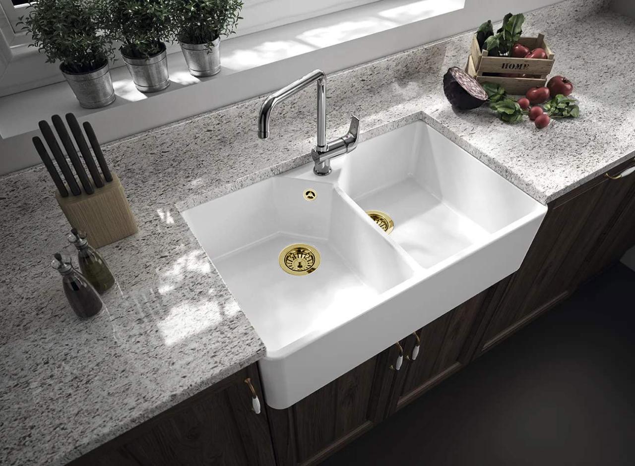 Ausmann Ceramic Mira Κεραμικός λευκός διπλός νεροχύτης - Εντοιχιζόμενος και Ενδιάμεσος 793 x 450 mm με τρύπα για βρύση και χρυσή υποδοχή 1208971476