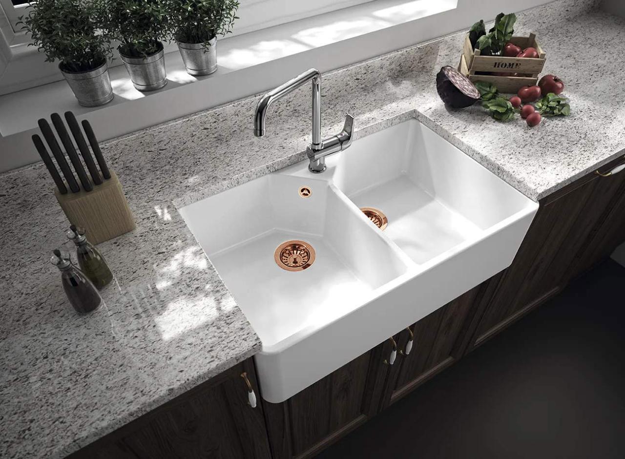Ausmann Ceramic Mira Κεραμικό Λευκό Διπλό Νεροχύτη - Υποκατασκευή και Ενδιάμεση Κατασκευή 793 x 450 mm με τρύπα για βρύση και Χάλκινο πώμα 1208971477