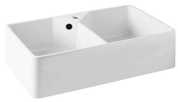 Ausmann Ceramic Mira Κεραμικός Λευκός Διπλός Νεροχύτης - Υποβολή και Ενδιάμεση Κατασκευή 793 x 450 mm με τρύπα για βρύση και Μαύρο πώμα 1208971479