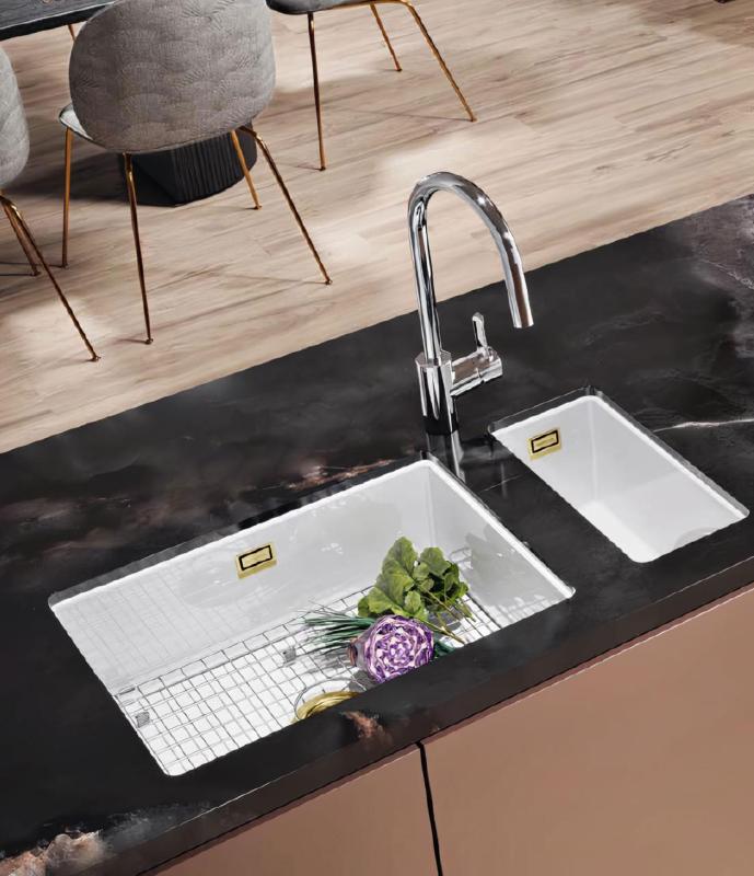 Ausmann Ceramic Ember Κεραμικό λευκό μισό νεροχύτη Επιφάνειας και Υποκατασκευής 174 x 400 mm με χρυσή βύσμα 1208971501