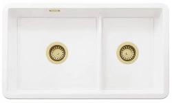 Ausmann Ceramic Ember Κεραμικός λευκός νιπτήρας μισούς και έναν επιφανειακή και υποδομή 733 x 401 mm με χρυσές βύσματα 1208971518