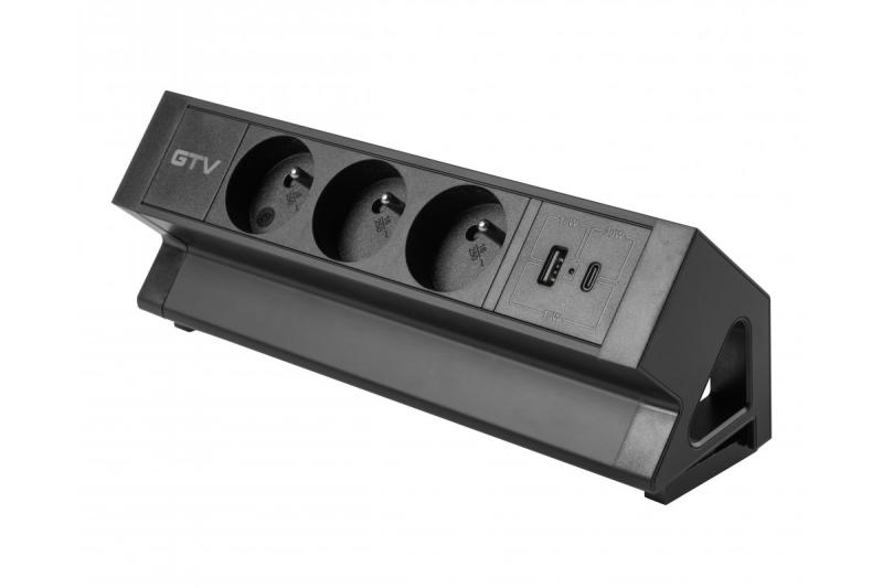 Πρίζα επίπλων Basco, 3 x πρίζα με γείωση, USB A+C, καλώδιο 1.5μ, μαύρο με στήριξη