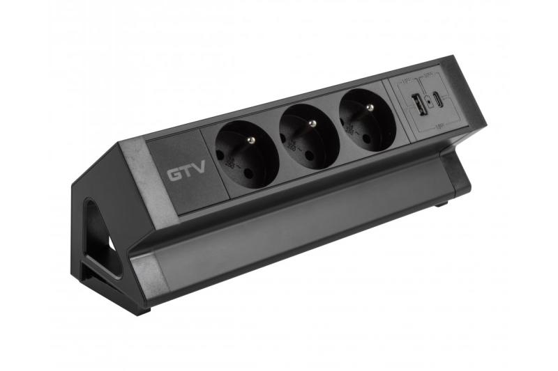 Πρίζα επίπλων Basco, 3 x πρίζα με γείωση, USB A+C, καλώδιο 1.5μ, μαύρο με στήριξη