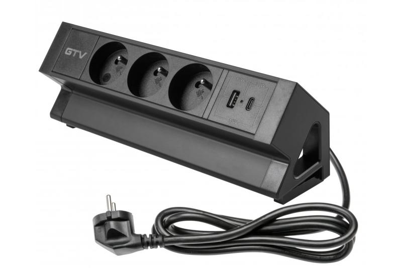 Πρίζα επίπλων Basco, 3 x πρίζα με γείωση, USB A+C, καλώδιο 1.5μ, μαύρο με στήριξη