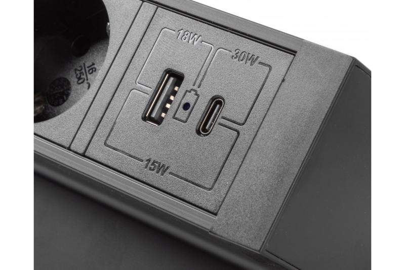 Πρίζα επίπλων Basco, 3 x πρίζα με γείωση, USB A+C, καλώδιο 1.5μ, μαύρο με στήριξη