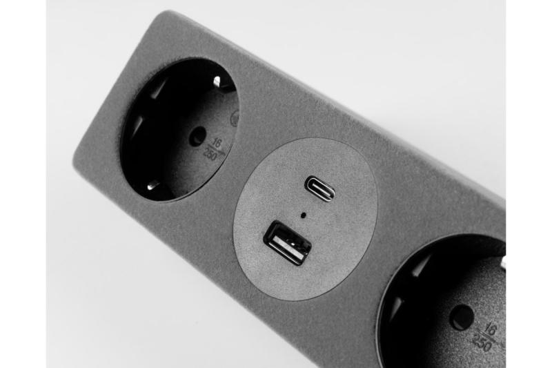 Πρίζα επίπλων SOFITO, 2xSHUKO, USB A+C, καλώδιο 1.5 m, γκρι φλοκ.