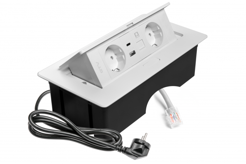 Πρίζα επίπλων MULTISOFT, 2xSHUKO, USB A+C, RJ45, καλώδιο 1.5 m, λευκό