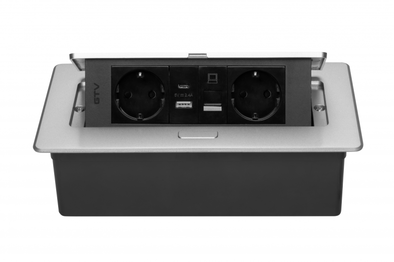 Πρίζα επίπλων MULTISOFT, 2xSHUKO, USB A+C, RJ45, καλώδιο 1,5 m, αλουμίνιο