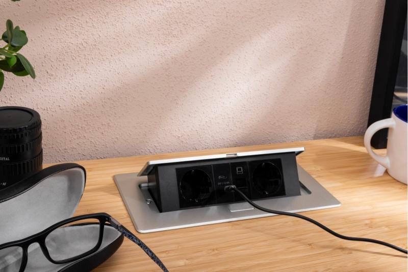 Πρίζα επίπλων MULTISOFT, 2xSHUKO, USB A+C, RJ45, καλώδιο 1,5 m, αλουμίνιο