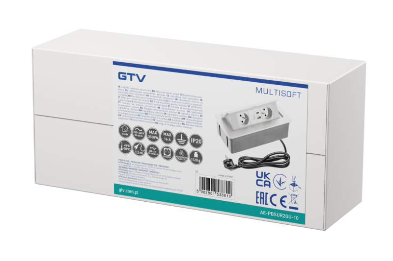 MULTISOFT Πρίζα Επίπλων 2x Πρίζες με Γείωση, USB A+C, RJ45, Καλώδιο Τροφοδοσίας με Βύσμα, Λευκό