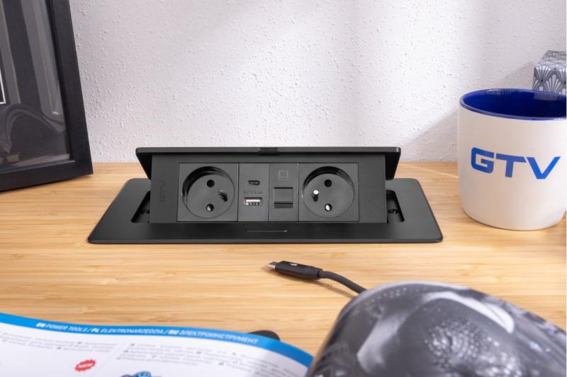 MULTISOFT Πρίζα Επίπλων 2x Πρίζες με Γείωση, USB A+C, RJ45, Καλώδιο Ρεύματος με Βύσμα, Μαύρο