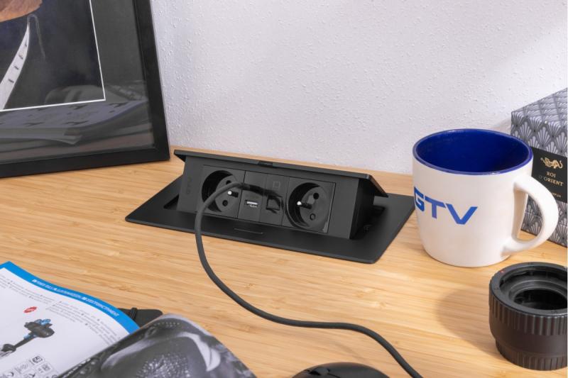 MULTISOFT Πρίζα Επίπλων 2x Πρίζες με Γείωση, USB A+C, RJ45, Καλώδιο Ρεύματος με Βύσμα, Μαύρο