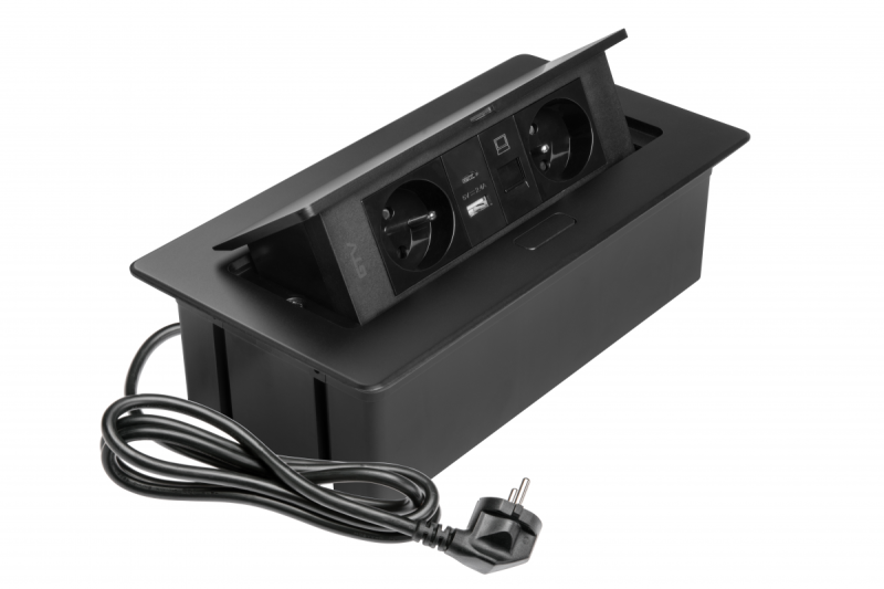 MULTISOFT Πρίζα Επίπλων 2x Πρίζες με Γείωση, USB A+C, RJ45, Καλώδιο Ρεύματος με Βύσμα, Μαύρο