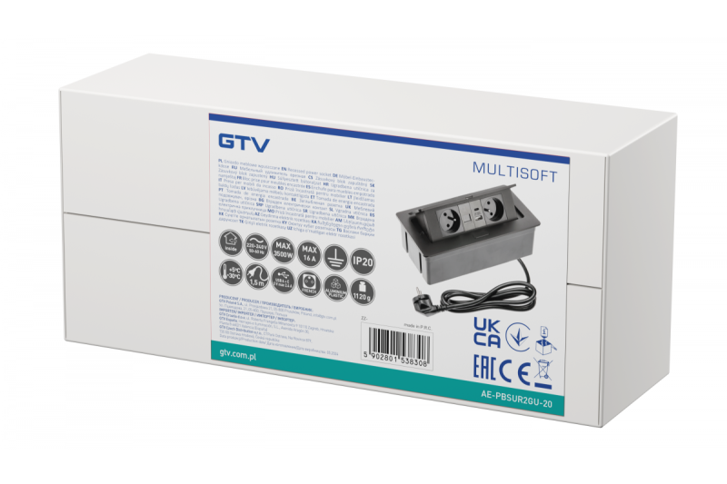 MULTISOFT Πρίζα Επίπλων 2x Πρίζες με Γείωση, USB A+C, RJ45, Καλώδιο Ρεύματος με Βύσμα, Μαύρο