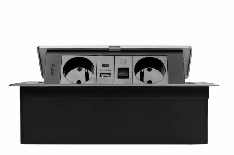 MULTISOFT Πρίζα Επίπλων 2x Πρίζα με Γείωση, USB A+C, RJ45, Καλώδιο Ρεύματος με Βύσμα, Αλουμίνιο