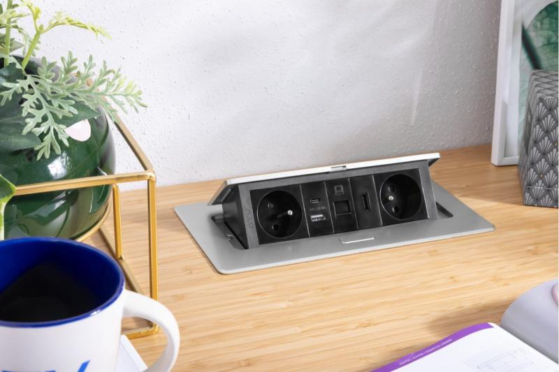 Πολυπρίζα MULTISOFT επίπλων 2x Πρίζα με γείωση, USB A+C, RJ45, HDMI, Καλώδιο ρεύματος με βύσμα, Αλουμίνιο