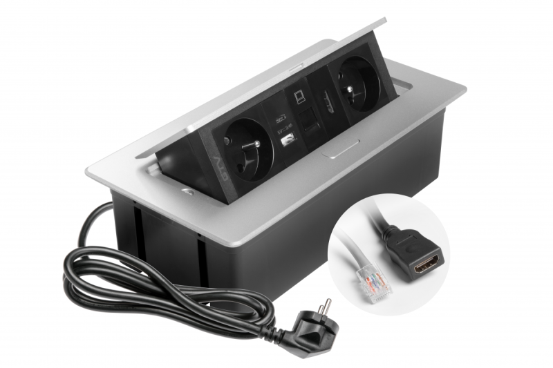 Πολυπρίζα MULTISOFT επίπλων 2x Πρίζα με γείωση, USB A+C, RJ45, HDMI, Καλώδιο ρεύματος με βύσμα, Αλουμίνιο