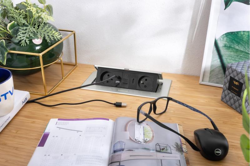 Πολυπρίζα MULTISOFT επίπλων 2x Πρίζα με γείωση, USB A+C, RJ45, HDMI, Καλώδιο ρεύματος με βύσμα, Αλουμίνιο