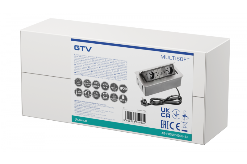 Πολυπρίζα MULTISOFT επίπλων 2x Πρίζα με γείωση, USB A+C, RJ45, HDMI, Καλώδιο ρεύματος με βύσμα, Αλουμίνιο