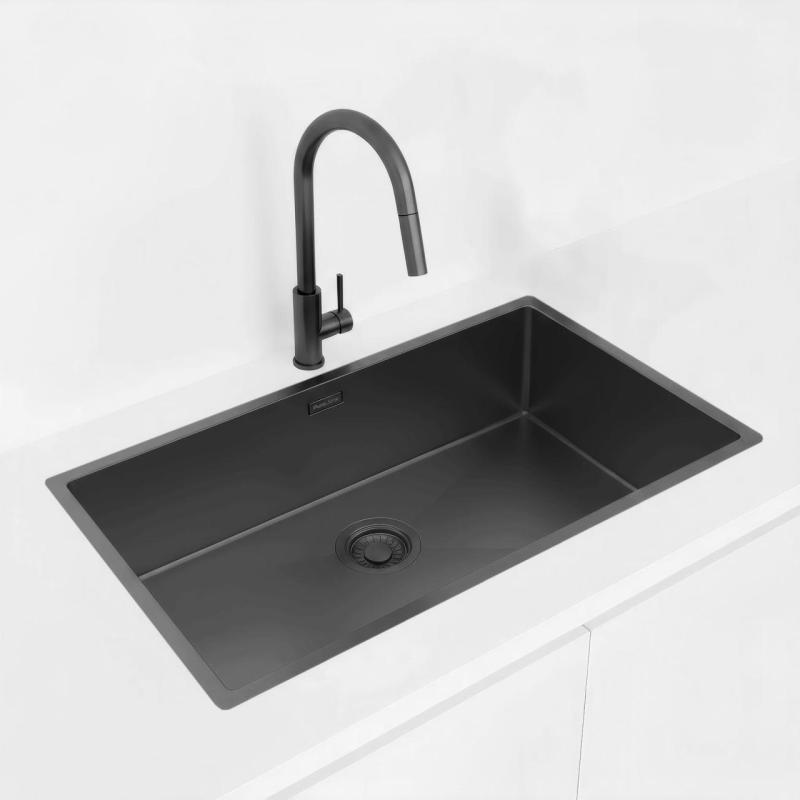Pure.Sink Luxion Μεγάλο μαύρο νεροχύτη PVD 74x40 cm για υποστύλωση, επίπεδη εγκατάσταση και επιφανειακή εγκατάσταση PLX7440-63