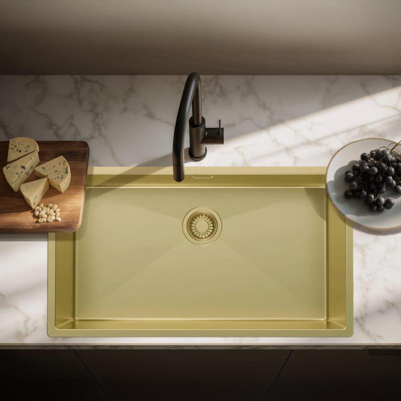 Pure.Sink Luxion Μεγάλο χρυσό νεροχύτη 74x40 cm για εγκατάσταση κάτω από πάγκο, επίπεδη εγκατάσταση και επιτοίχια εγκατάσταση PLX7440-60