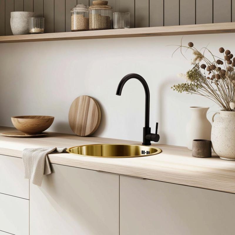 Pure.Sink Rondo Χρυσός Στρογγυλός Νεροχύτης επίπεδης εντοιχίσματος, επίπεδης επιφάνειας και επικάθιστου 38 cm PRN38-60