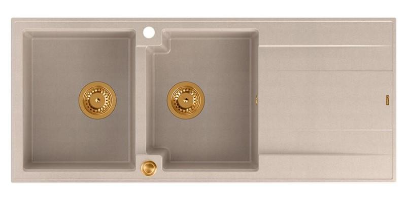 Quadri Luton δομή διπλής γρανίτης νεροχύτης pearl beige με στραγγιστικό τμήμα 116x50 εκ με χάλκινο πώμα 1208971801