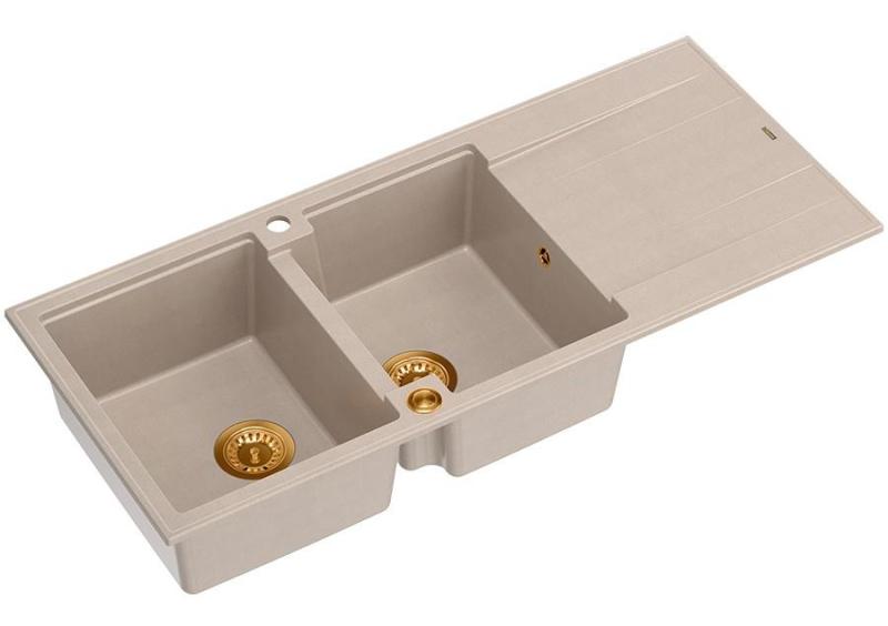 Quadri Luton δομή διπλής γρανίτης νεροχύτης pearl beige με στραγγιστικό τμήμα 116x50 εκ με χάλκινο πώμα 1208971801