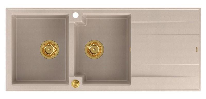 Quadri Luton διπλό γρανίτης νεροχύτης pearl beige με στάντ στραγγίσματος 116x50 εκατοστά με χρυσή πρίζα 1208971809