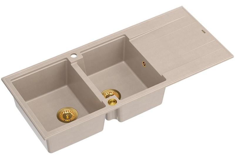 Quadri Luton διπλό γρανίτης νεροχύτης pearl beige με στάντ στραγγίσματος 116x50 εκατοστά με χρυσή πρίζα 1208971809