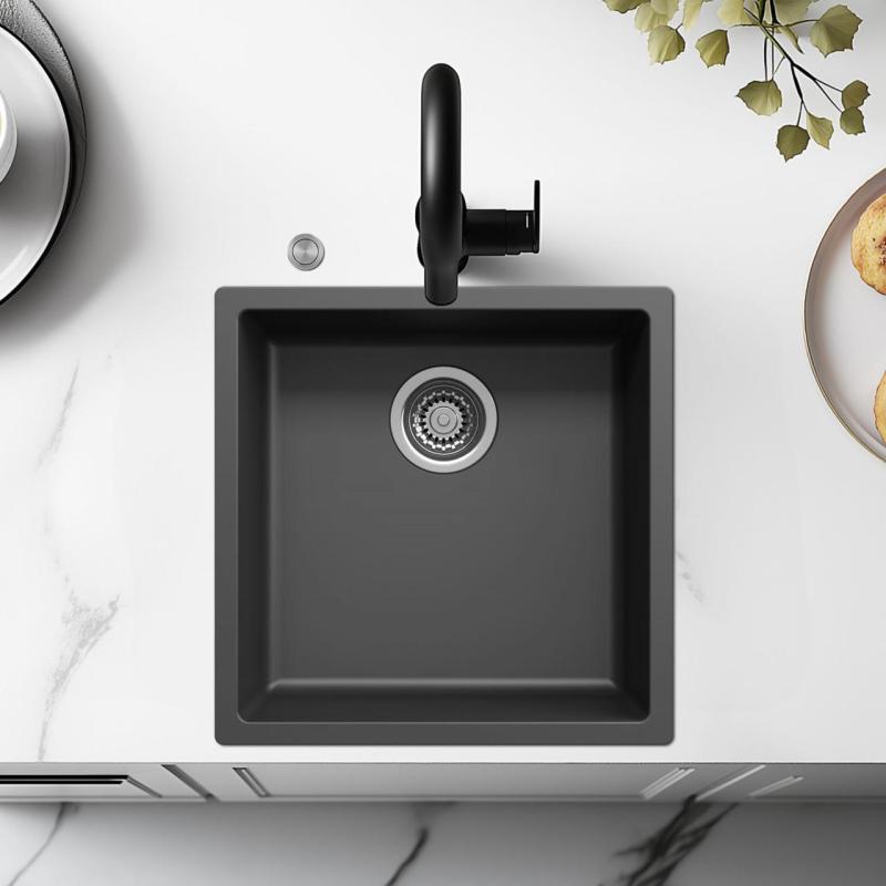 Ausmann Fibre μαύρος νεροχύτης 40x40cm υποδομής, επιφάνειας και εντοιχισμένος με αυτόματο ανοξείδωτο βύσμα 1208971836