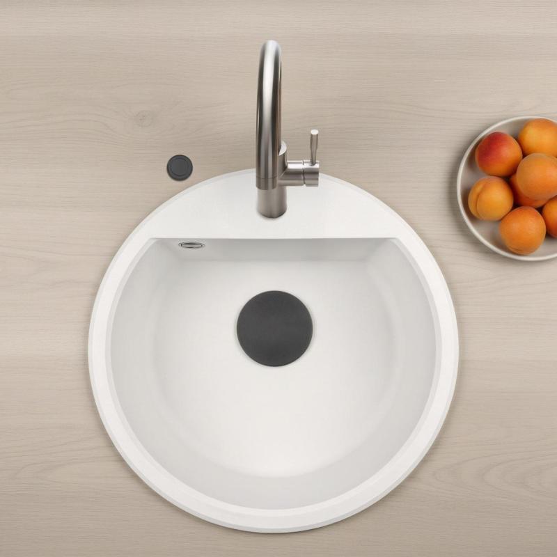 GraniteMy Βρέμη κυκλικός γρανιτένιος νεροχύτης 43 εκατοστά λευκός, επιφανειακή και υποδομή, με τρύπα για βρύση και αυτόματο μαύρο πώμα 1208971846