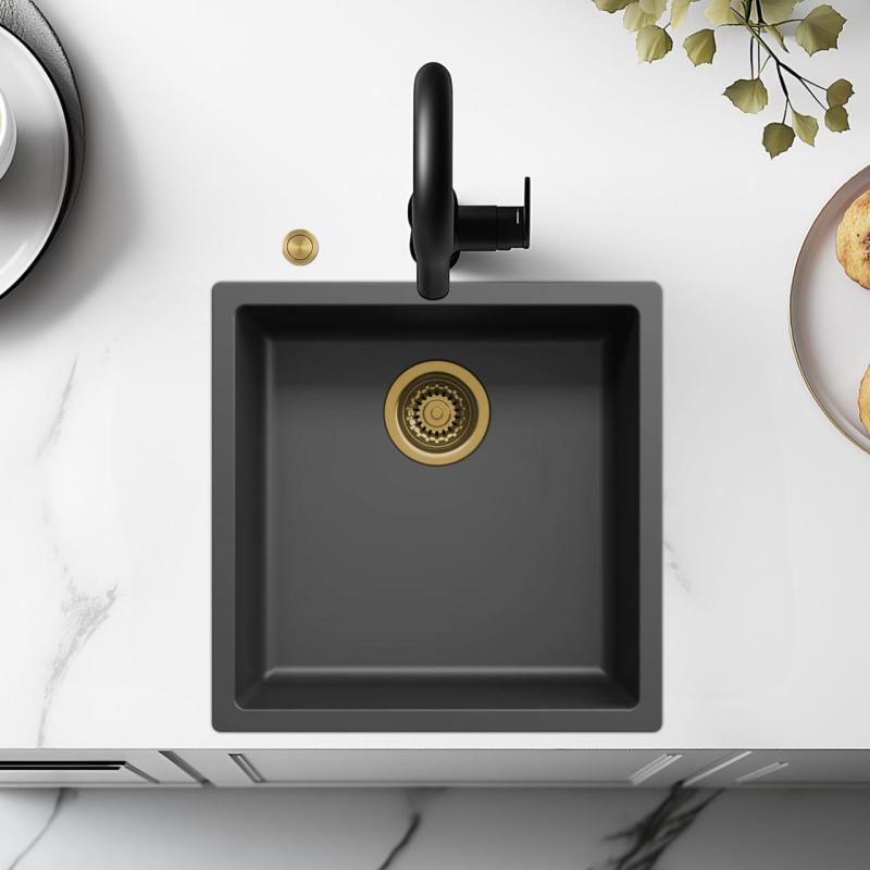 Ausmann Fibre μαύρος νεροχύτης 40x40cm υποκατασκευή, επικατασκευή και επίπεδη ενσωμάτωση με αυτόματη χρυσή βύσμα 1208971853