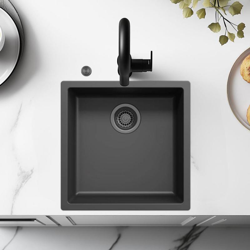 Ausmann Fibre μαύρος νεροχύτης 40x40cm υποδομή, επιδομή και επίπεδη ενσωμάτωση με αυτόματη υδραργυρική βύσμα 1208971854