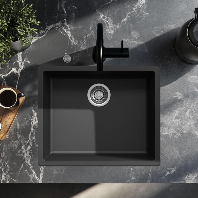 Ausmann Fibre μαύρος νεροχύτης 50x40εκ εντοιχιζόμενος, επιτραπέζιος και επίπεδης κατασκευής με αυτόματο ανοξείδωτο βύσμα 1208971855